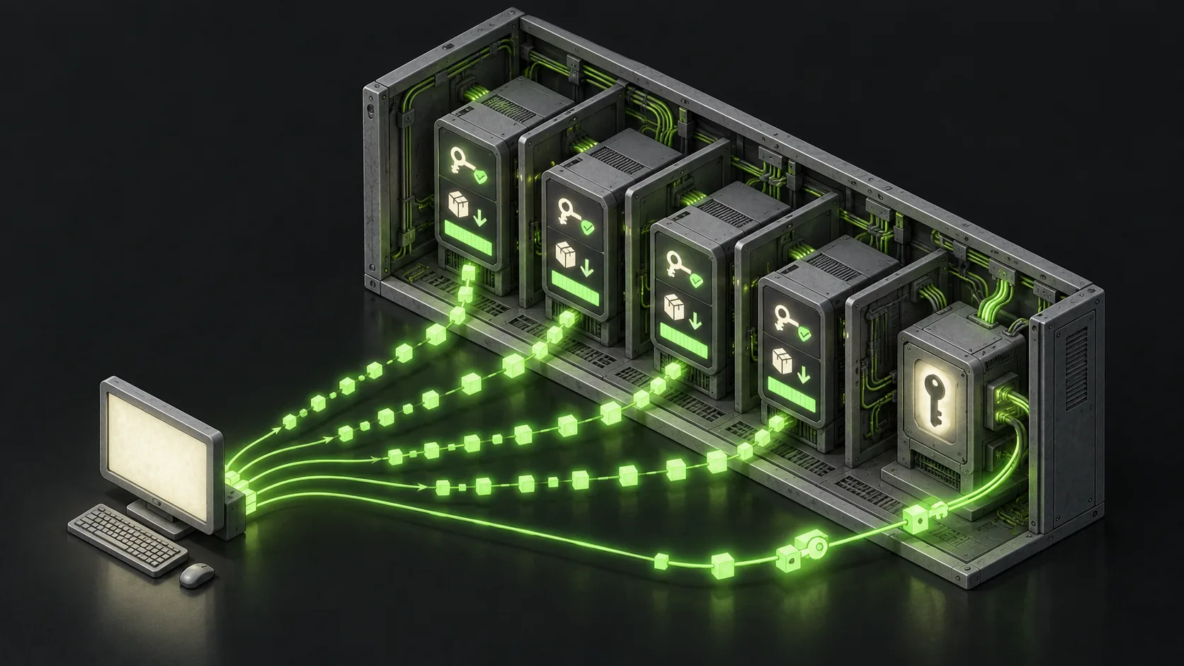 An external computer uses exposed credentials to activate multiple agent workloads and download their code from one shared server environment.